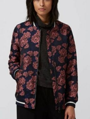 Frank & Oak Navy Floral Bomber Jacket with Rose Print. Pink, Metallic Blue. S.